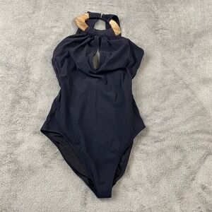 Gideon Oberson Black Halter Neck One Piece Swimsuit Wood Ring Cutout Size 8